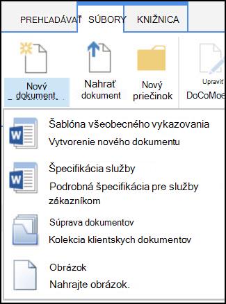 Ponuka Nový dokument s prispôsobenými typmi obsahu na lokalite SharePoint