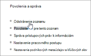 Dialógové okno Nastavenia zoznamu so zvýraznenou položkou Odstrániť tento zoznam