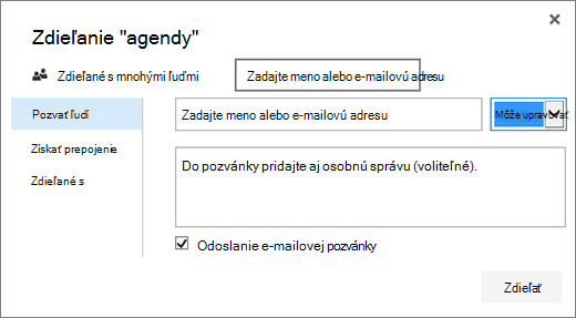 Dialógové okno Zdieľať
