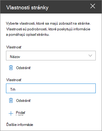 Tabla webovej časti Vlastnosti stránky