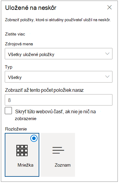 Tabla vlastnosti Uložené na neskôr