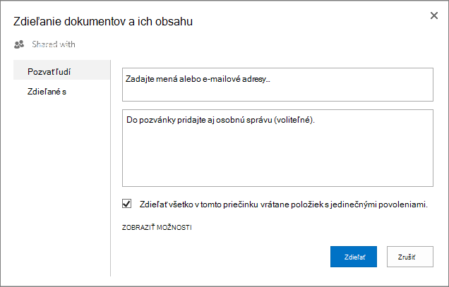 Dialógové okno Zdieľať