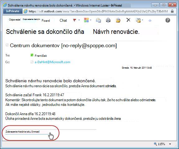 Oznámene o dokončení pracovného postupu so zvýrazneným prepojením na históriu