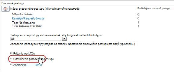Stránka Nastavenie pracovného postupu s vyvolaným prepojením Odstrániť pracovný postup