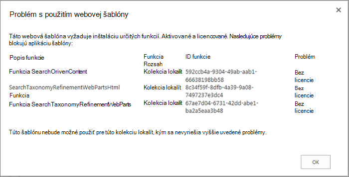 Snímka obrazovky s chybovým hlásením zobrazujúcim chybu, ktorá sa môže zobraziť, ak vo vytváraní lokality v SharePointe Online bránia nedostupné funkcie.