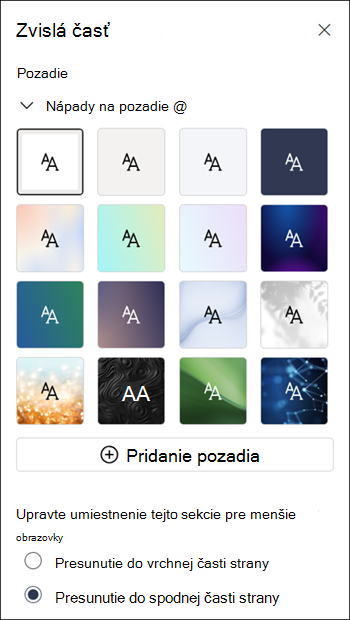 Tabla Vlastnosti pre zvislú sekciu