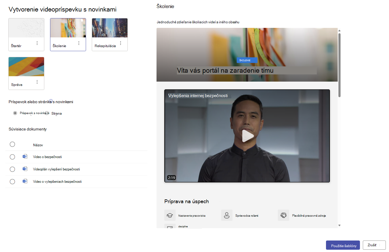Výber šablón pre stránky s videom vytvorené vo webovej aplikácii Stream Web App