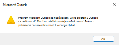 Chybové hlásenie s informáciou, že Outlook sa nedá spustiť