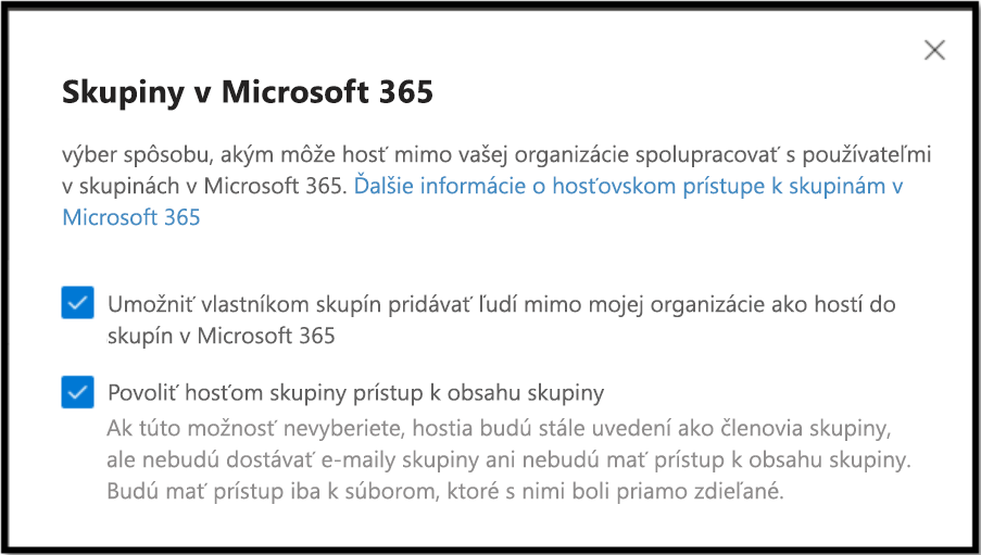 výber spôsobu, akým môže hosť mimo vašej organizácie spolupracovať s používateľmi v skupinách v Microsoft 365