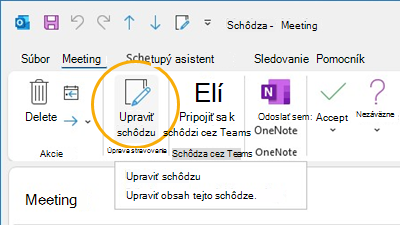 Tlačidlo Upraviť schôdzu Prispôsobenie pása s nástrojmi v Outlooku