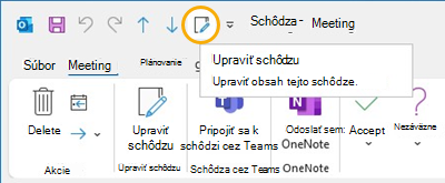 Edit meeting button Panel s nástrojmi Rýchly prístup v Outlooku