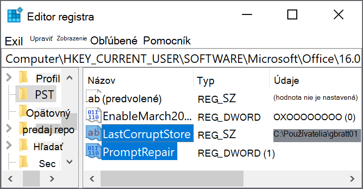 Nastavenia databázy Registry na odstránenie LastCorruptStore PromptRepair=dword:00000001