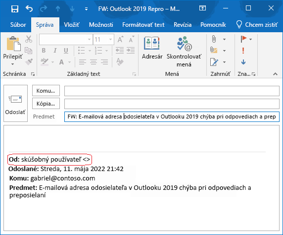 V tele e-mailu chýba e-mailová adresa odosielateľa pôvodnej správy
