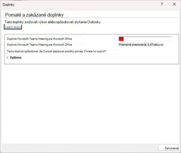 Snímka obrazovky s dialógovým oknom Slow and Disabled Add-ins