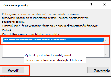 Snímka obrazovky s dialógovým oknom na povolenie vypnutých položiek.