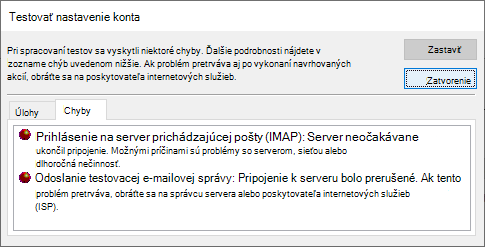 Snímka obrazovky s oknom Testovať nastavenie konta Karta Chyby – IMAP