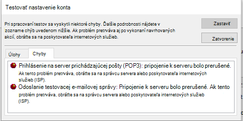 Snímka obrazovky s oknom Testovať nastavenie konta Karta Chyby – POP3
