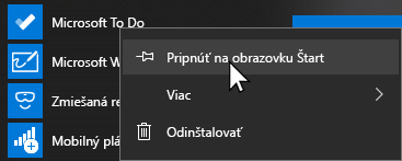 Kontextová ponuka pre otvorenie aplikácie Microsoft To Do a vybratú možnosť Pripnúť na obrazovku Štart