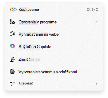 Snímka obrazovky s kontextovou ponukou funkcie Akčné kliknutie s funkciou Spýtať sa Copilota