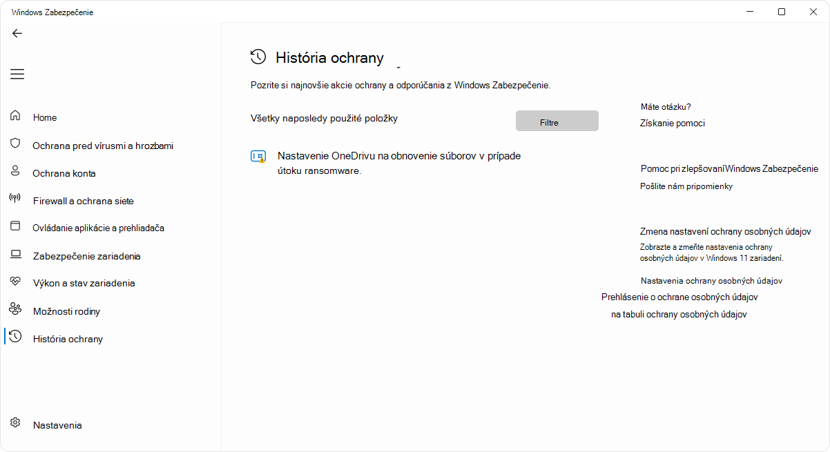Snímka obrazovky so stránkou histórie ochrany aplikácie Windows Zabezpečenie.