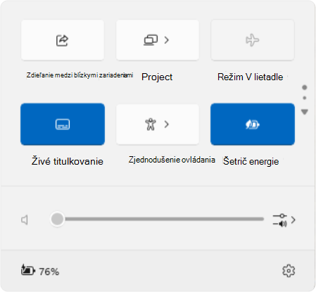 Snímka obrazovky s rýchlymi nastaveniami vo Windowse.