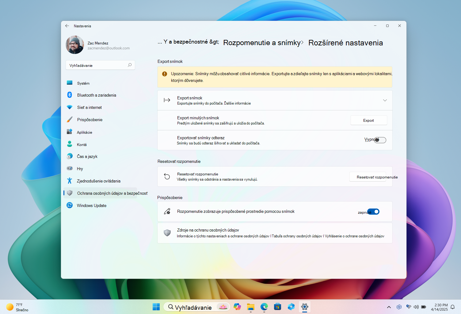 Snímka obrazovky s rozšírenými nastaveniami funkcie Rozpomenutie