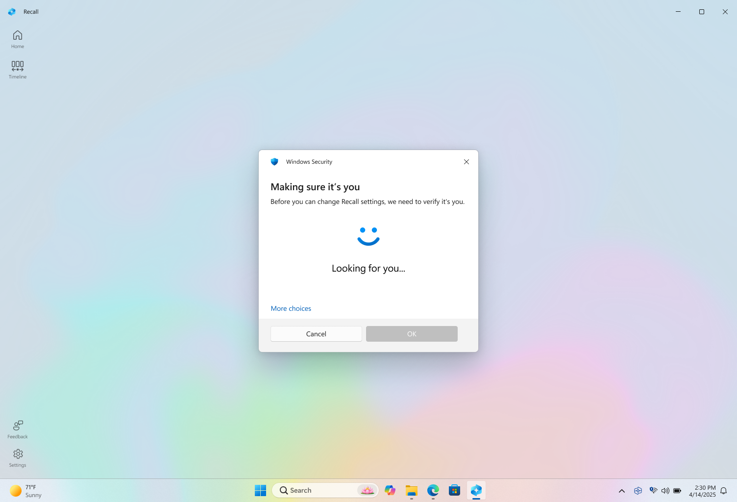 Snímka obrazovky overenia funkcie Rozpomenutie pomocou funkcie Windows Hello