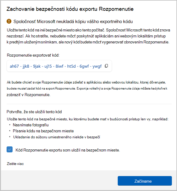 Snímka obrazovky s exportným kódom pre Rozpomenutie