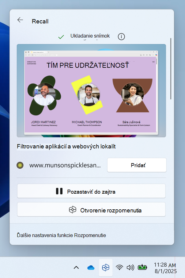 Snímka obrazovky s rýchlymi nastaveniami z ikony Odvolať na paneli úloh