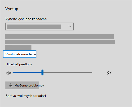 prepojenie na vlastnosti zvukového výstupného zariadenia v ponuke zvuku