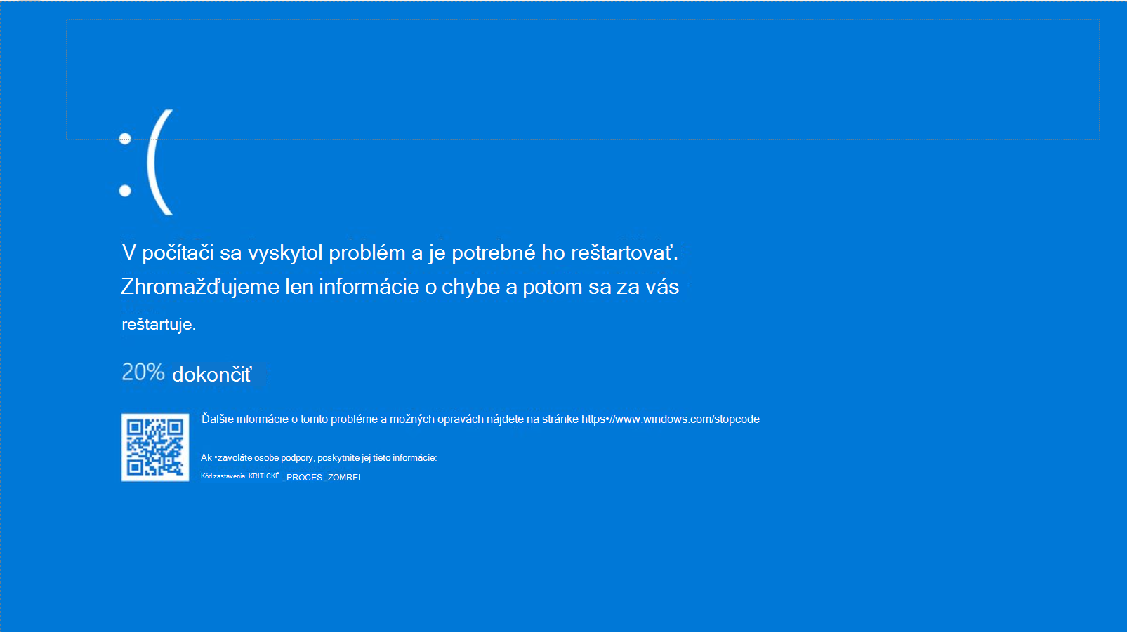 Snímka obrazovky s chybou kódu zastavenia vo Windowse 10