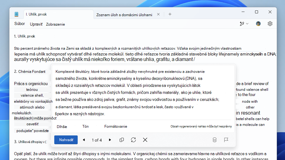 Snímka obrazovky s programom Cowriter v poznámkovom bloku zobrazujúca možnosti prepísania
