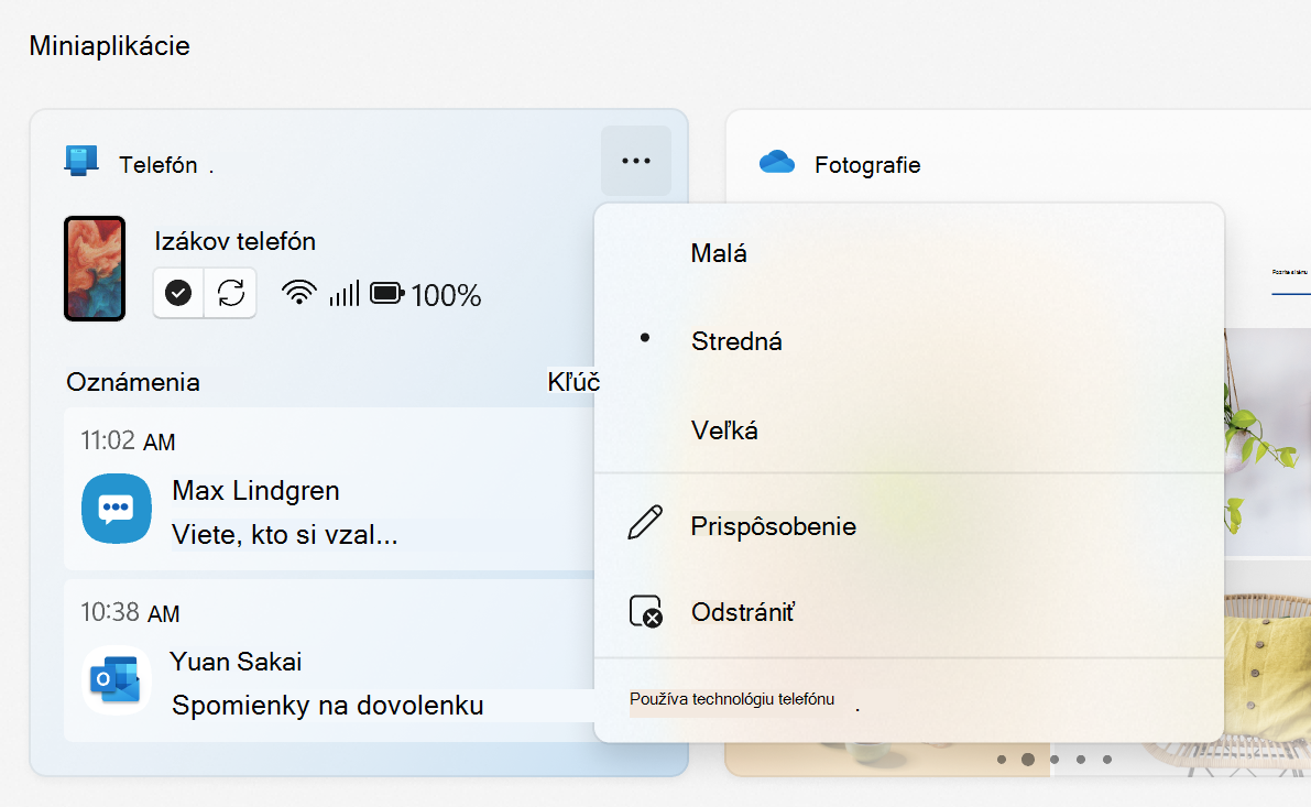 Ponuka miniaplikácie Prepojenie s telefónom zobrazujúca možnosti veľkosti, prispôsobenia, odstránenia a možnosti Prepojenie s telefónom.
