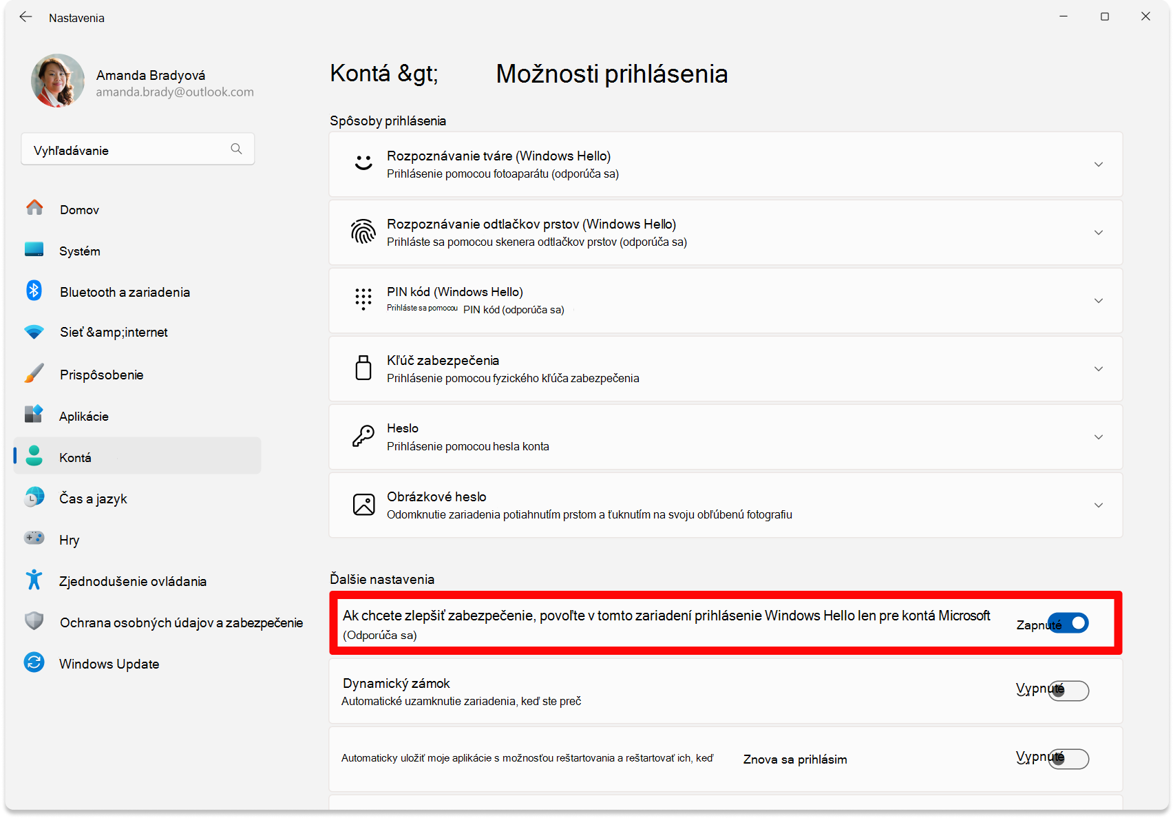 Snímka obrazovky s Nastaveniami – zapnutím prepínača konfigurácie bez hesiel.