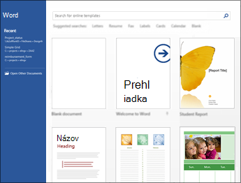 Domovská obrazovka Wordu
