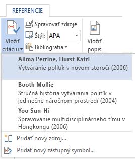 Rozbaľovací zoznam Vložiť citáciu