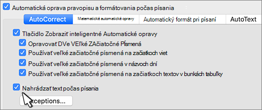 Word for Mac Začiarkavacie políčko nahrádzania textu počas písania.