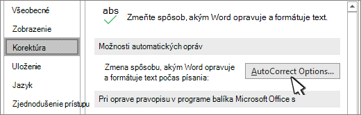 Tlačidlo možností automatických opráv v dialógovom okne Korektúra