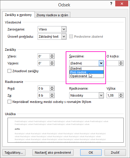 V dialógovom okne Odsek je zvýraznená možnosť Zarážka prvého riadka