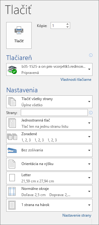 Snímka obrazovky tably Tlačiť s rôznymi nastaveniami tlače, napríklad počtom kópií.