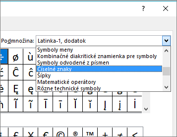 Výberom položky Číselné formy v dialógovom okne Podmnožina zobrazíte zlomky a iné matematické symboly