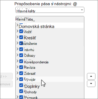 Dialógové okno Prispôsobiť pás s nástrojmi s vybratou položkou Vývojár