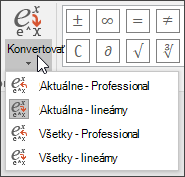 Obrázok ponuky Konvertovať zobrazujúca možnosti formátovania na konverziu rovnice.