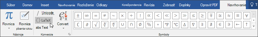 Obrázok karty Návrh zobrazujúcej formáty rovníc dostupné pre formát LaTex.