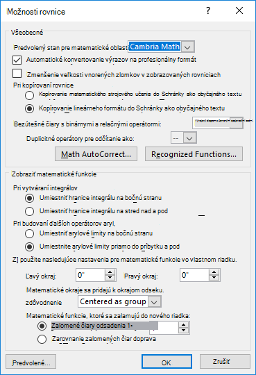Obrázok zobrazujúci dialógové okno Možnosti rovnice