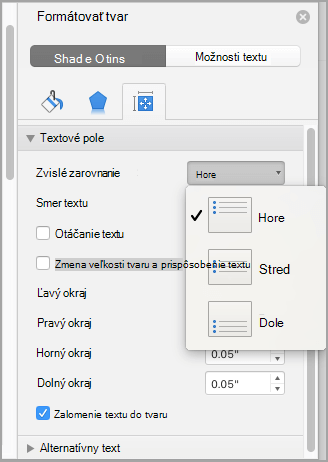 Snímka obrazovky s možnosťou Vybrať zarovnanie