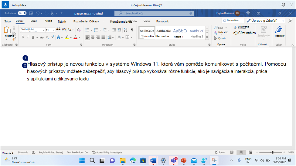 Word document showing the voice access command Bold.