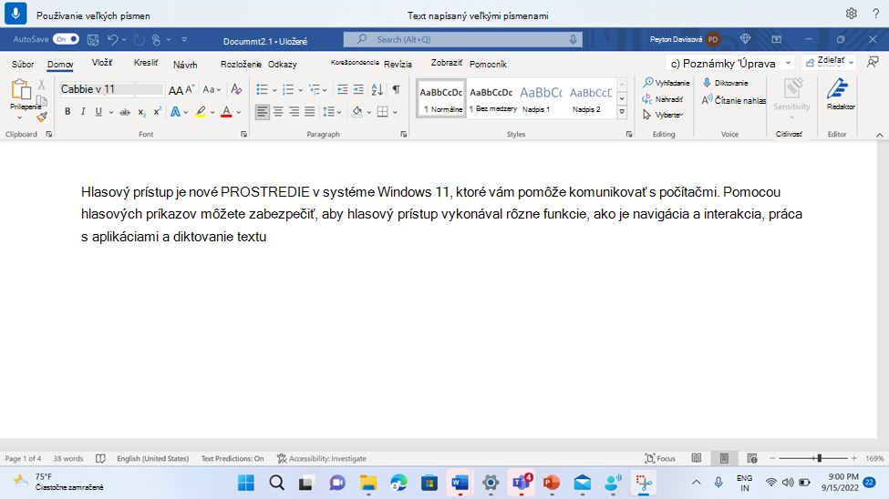 Word document showing the voice access command Veľké písmená.