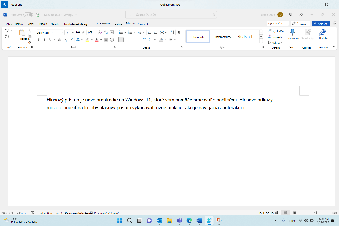 Word document showing the voice access command Delete that.