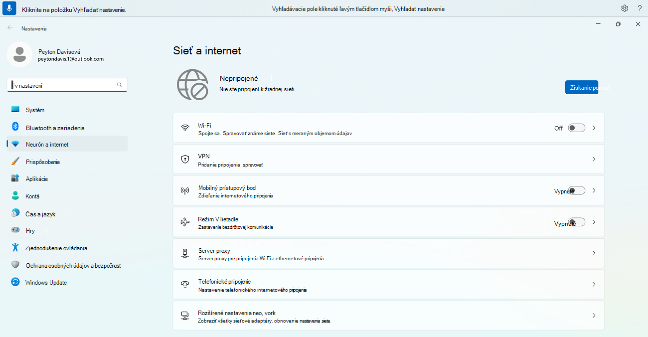 Príkaz hlasového prístupu Kliknite na položku Vyhľadať nastavenie použité v nastaveniach siete & internetu systému Windows.